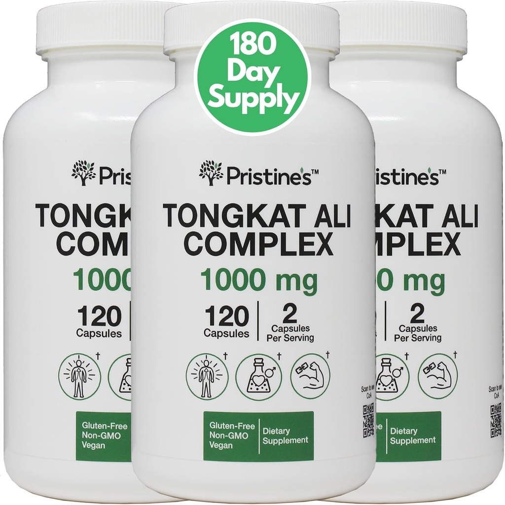 PRISTINE'S Tongkat Ali 1000mg 180 Day Supply (3 Pack) - Support de performance sportif - Lean Mass Muscle Building supplément à base de plantes pour les hommes et les femmes - végétalien, sans gluten, sans OGM