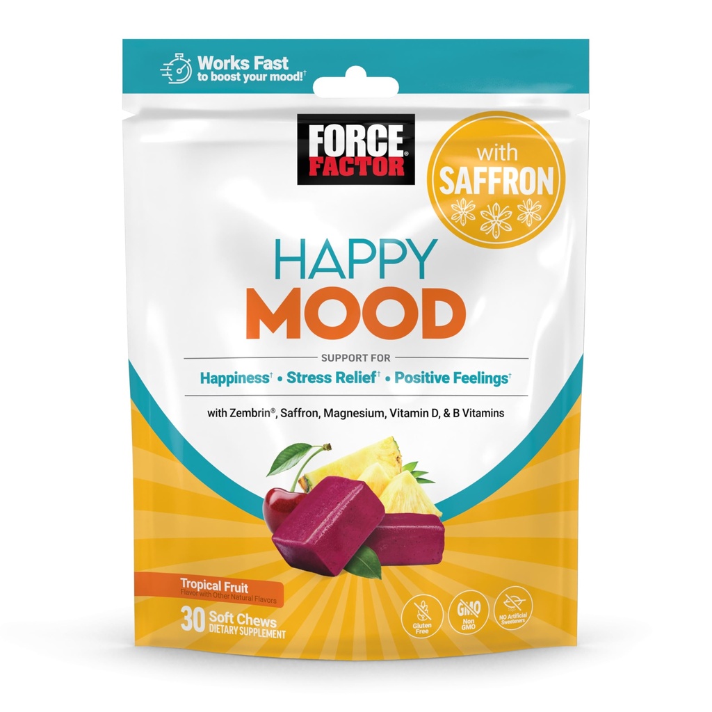 FACTEUR DE FORCE Mood Happy Mood, Mood Support and Mood Balance Supplément pour soutenir le bonheur, la positivité et le stress, fabriqués avec du magnésium, du safran, du zembrin, du non-OGM, de l'arôme de fruits tropicaux, 30 chews doux