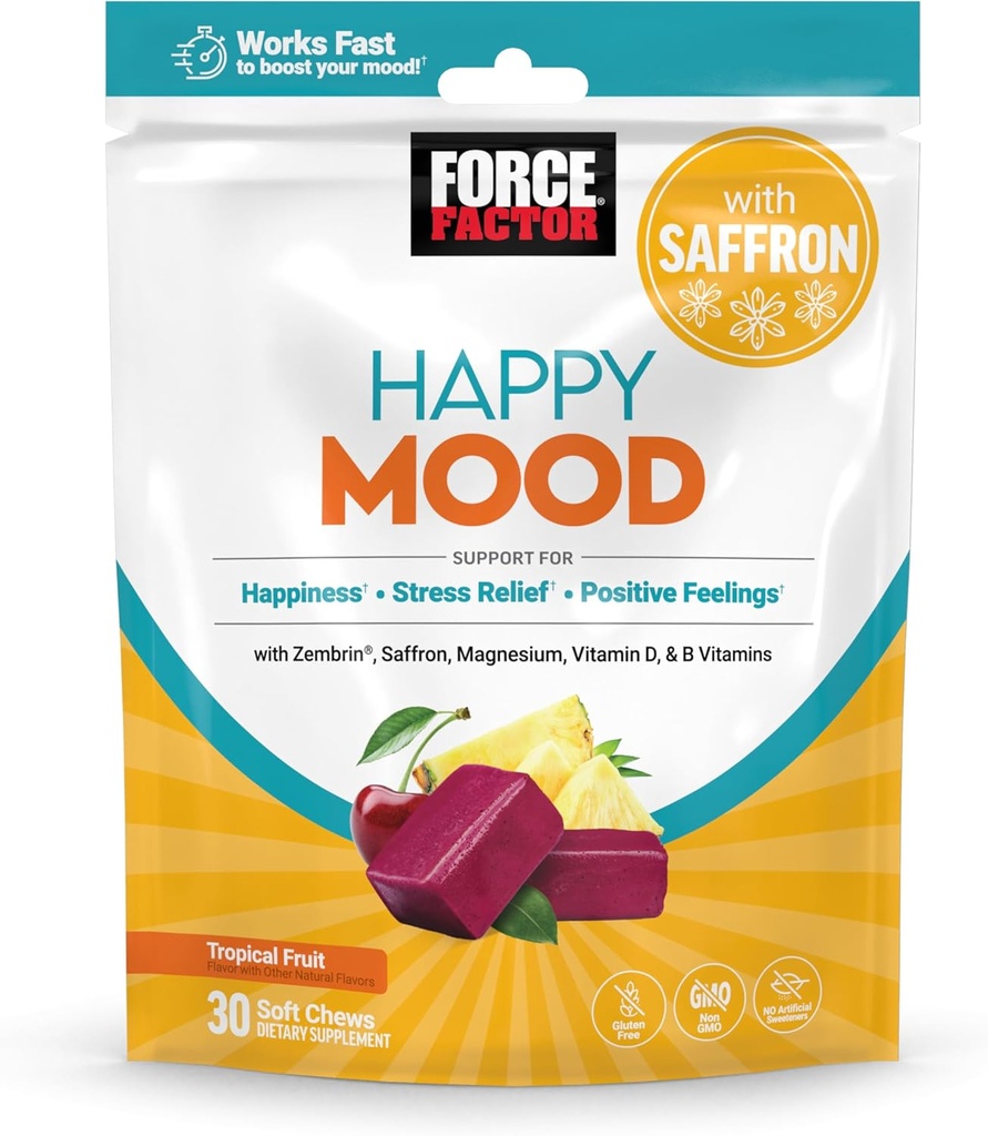 FACTEUR DE FORCE Mood Happy Mood, Mood Support and Mood Balance Supplément pour soutenir le bonheur, la positivité et le stress, fabriqués avec du magnésium, du safran, du zembrin, du non-OGM, de l'arôme de fruits tropicaux, 30 chews doux