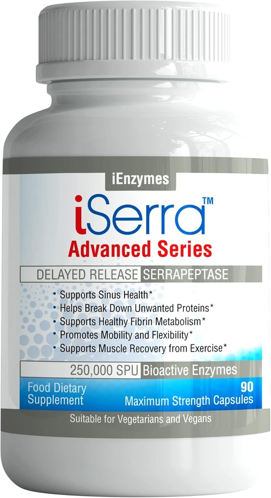 iSerra 250 000 SPU Serrapeptase Enzyme - 90 Capsules de concentration maximale - Jusqu'à 12x Plus de potentiel que les autres Serrapaptase - Technologie de libération retardée-High Potency Non-OGM, sans gluten, végétalien (paquet de 1)