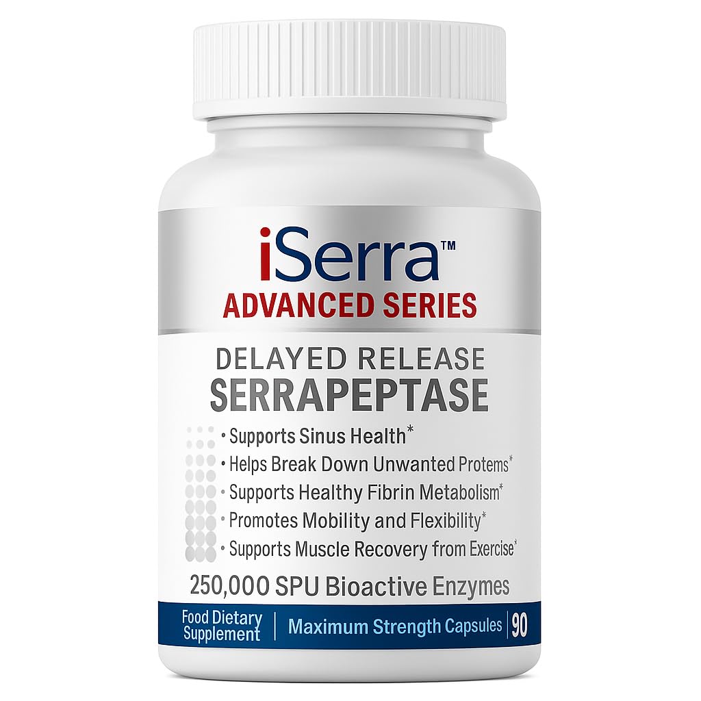 iSerra Advanced Series Serrapeptase 250,000 SPU Per Capsule (500,000 SPU per 2 Caps) | Maximum Strength 12× Potent Serratiopeptidase | 90 Delayed-Release Vegan Capsules | Ultra-Pure Non-GMO Enzyme