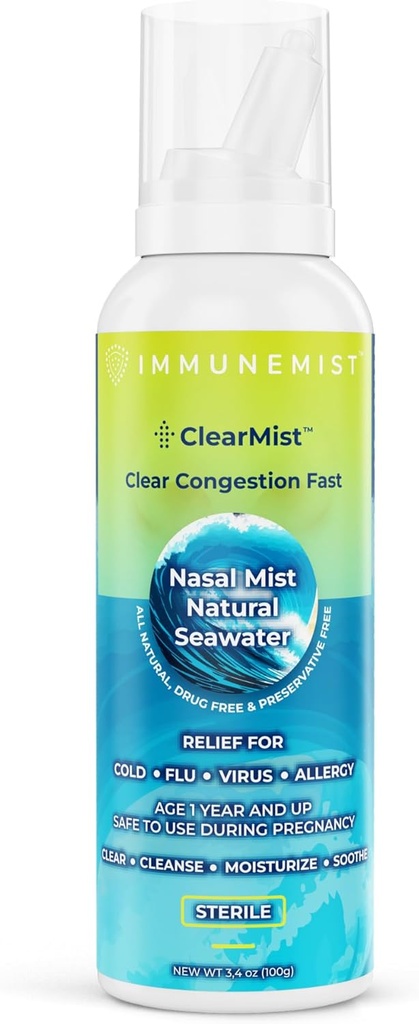 ClearMist Spray nasal d'eau de mer naturelle pour le soulagement de la congestion, Spray nasal saline hypertonique pour le nez sec, soulagement hydratant du sinus pour les adultes et les enfants fabriqués en Suède, sans danger pour les personnes âgées de 1+ ans