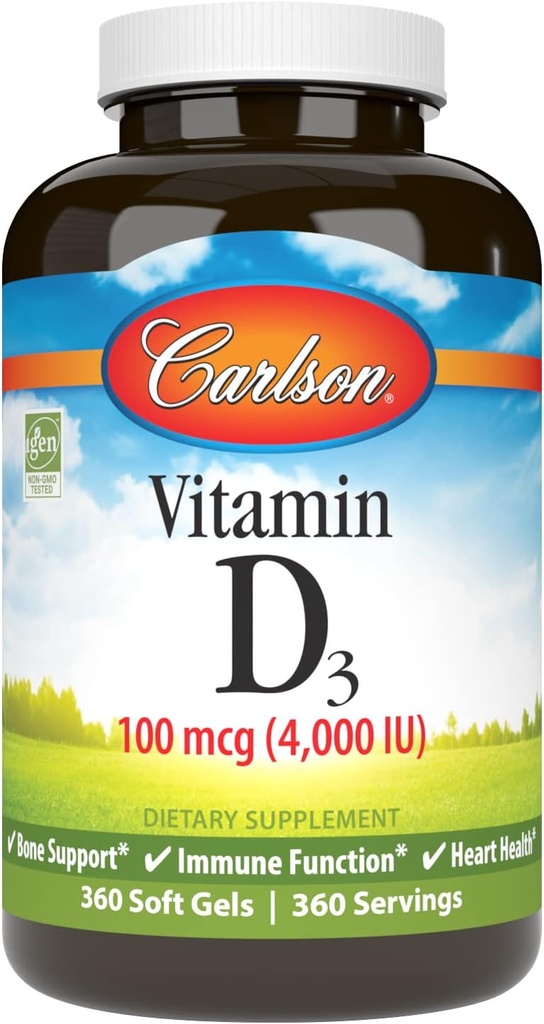 Carlson - Vitamine D3 4000 UI (100 mcg), Soutien immunitaire, Santé osseuse, Santé musculaire, Cholecalciferol, Suppléments de vitamine D, Gels souples de vitamine D3, 360 Softgels