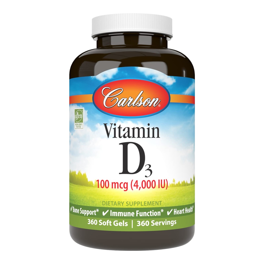 Carlson - Vitamine D3 4000 UI (100 mcg), Soutien immunitaire, Santé osseuse, Santé musculaire, Cholecalciferol, Suppléments de vitamine D, Gels souples de vitamine D3, 360 Softgels