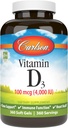 Carlson - Vitamine D3 4000 UI (100 mcg), Soutien immunitaire, Santé osseuse, Santé musculaire, Cholecalciferol, Suppléments de vitamine D, Gels souples de vitamine D3, 360 Softgels