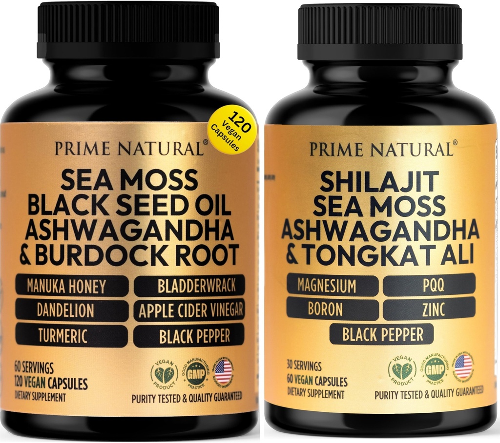 PRIME NATURAL Iris Sea Moss Black Seed Oil Shilajit Ashwagandha - 2 Bottles - Vegan Capsules