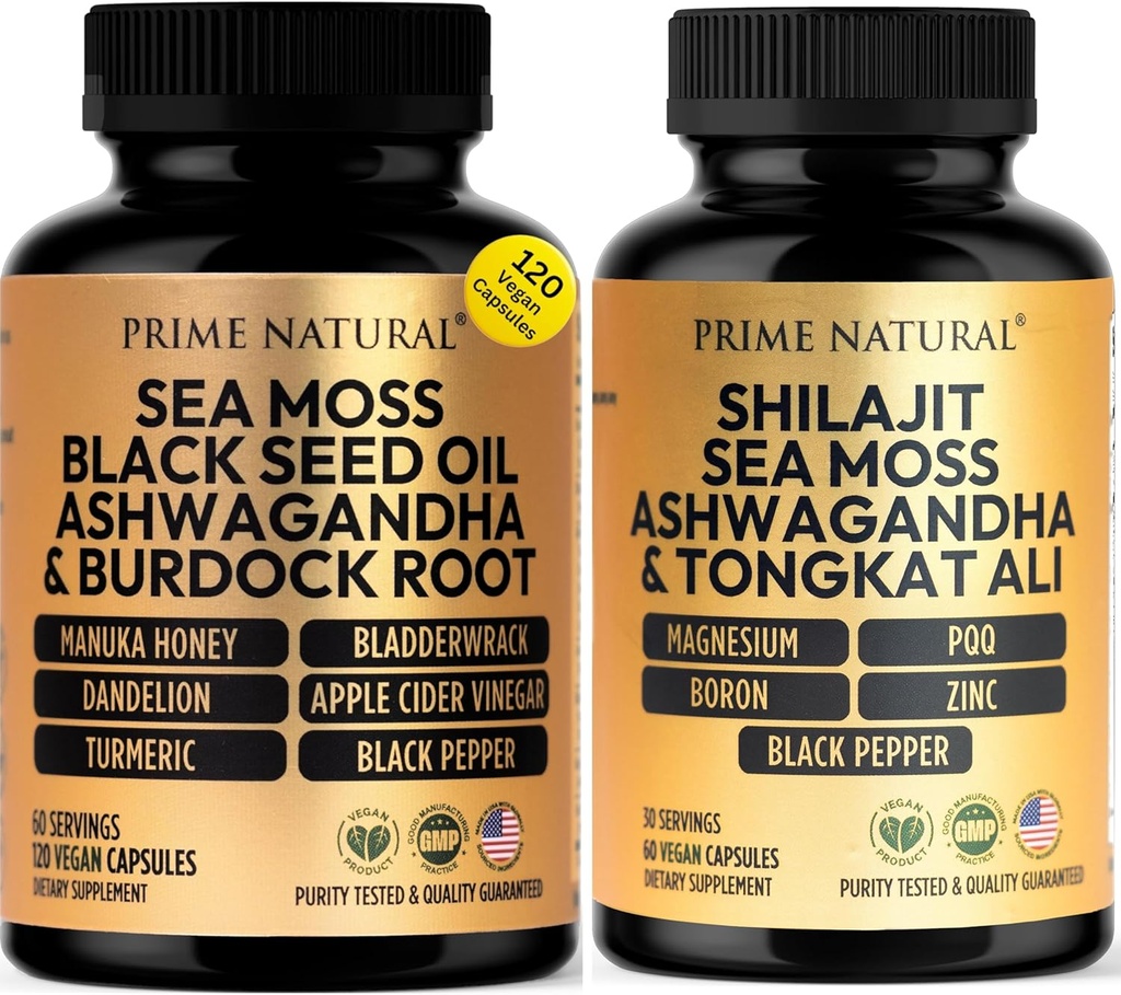 PRIME NATUREL Iris Sea Moss Huile de graines noires Shilajit Ashwagandha - 2 bouteilles - Capsules végétaliennes