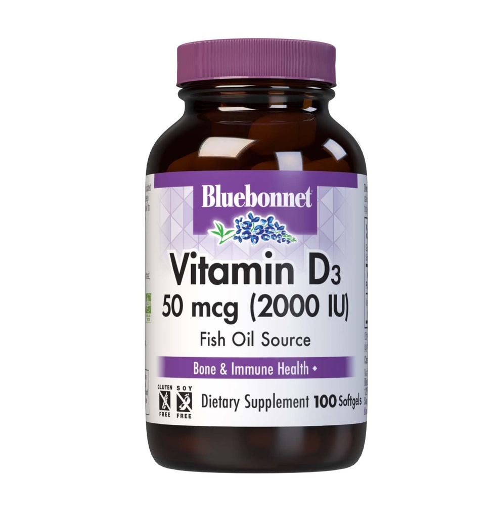 Bluebonnet Vitamine D3 2000 UI Capsules végétales, 100 Nombre (paquet de 1)