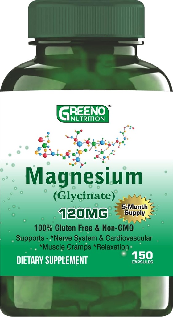 Magnésium (Glycinate) Supplément 120 MG, soutient le soulagement du stress, le sommeil, la santé cardiaque, les nerfs, les muscles, le métabolisme, 150 capsules (5 mois d'approvisionnement)