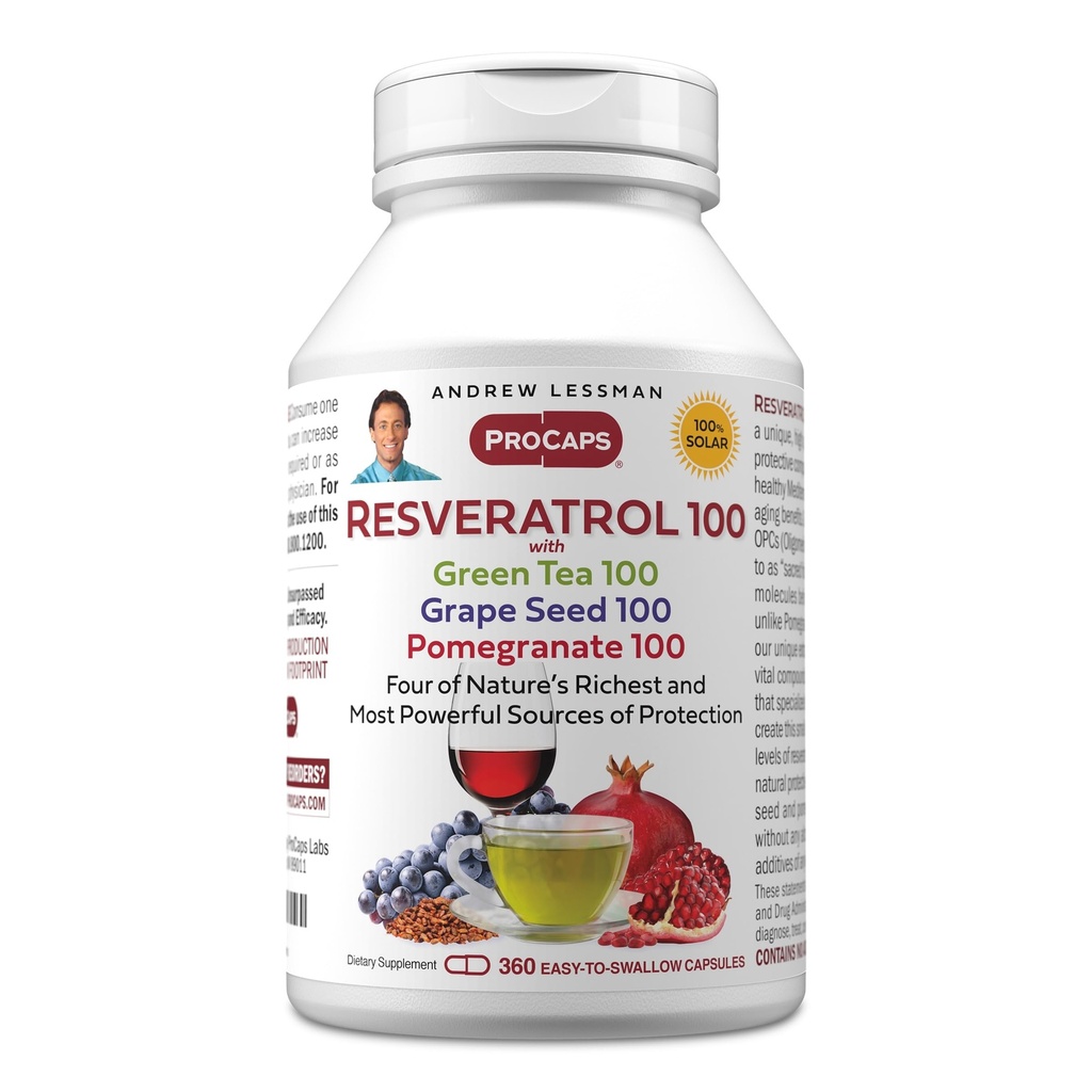 ANDREW LESSMAN Resveratrol-100 avec du thé vert 100 Graine de raisin 100 grenade 100mg - 360 Capsules - Quatre puissants anti-oxydants protecteurs.