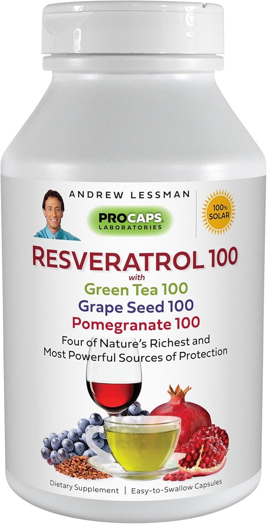 ANDREW LESSMAN Resveratrol-100 avec du thé vert 100 Graine de raisin 100 grenade 100mg - 360 Capsules - Quatre puissants anti-oxydants protecteurs.