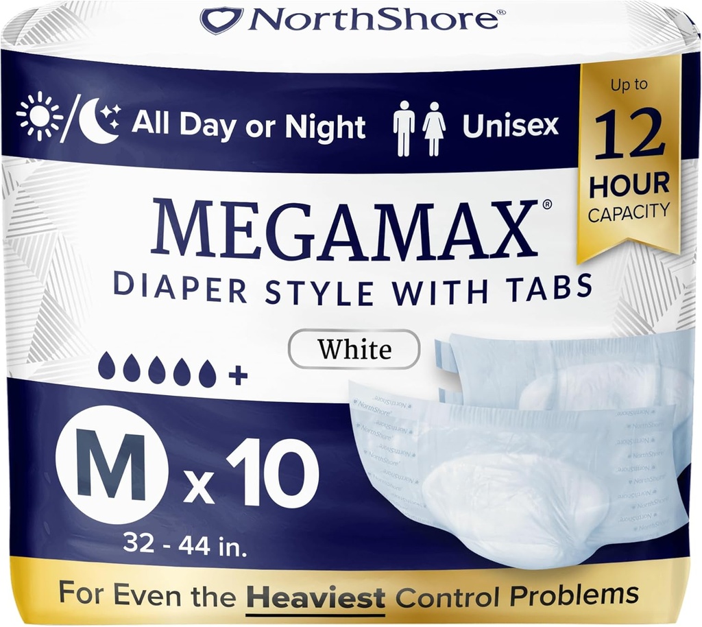 NorthShore MegaMax Couches de nuit pour adultes, 12 heures Tab-Style, moyen, 10 Count Bag, blanc, 32-44 pouces, Unisex Incontinence Sous-vêtements