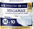 NorthShore MegaMax Couches de nuit pour adultes, 12 heures Tab-Style, moyen, 10 Count Bag, blanc, 32-44 pouces, Unisex Incontinence Sous-vêtements