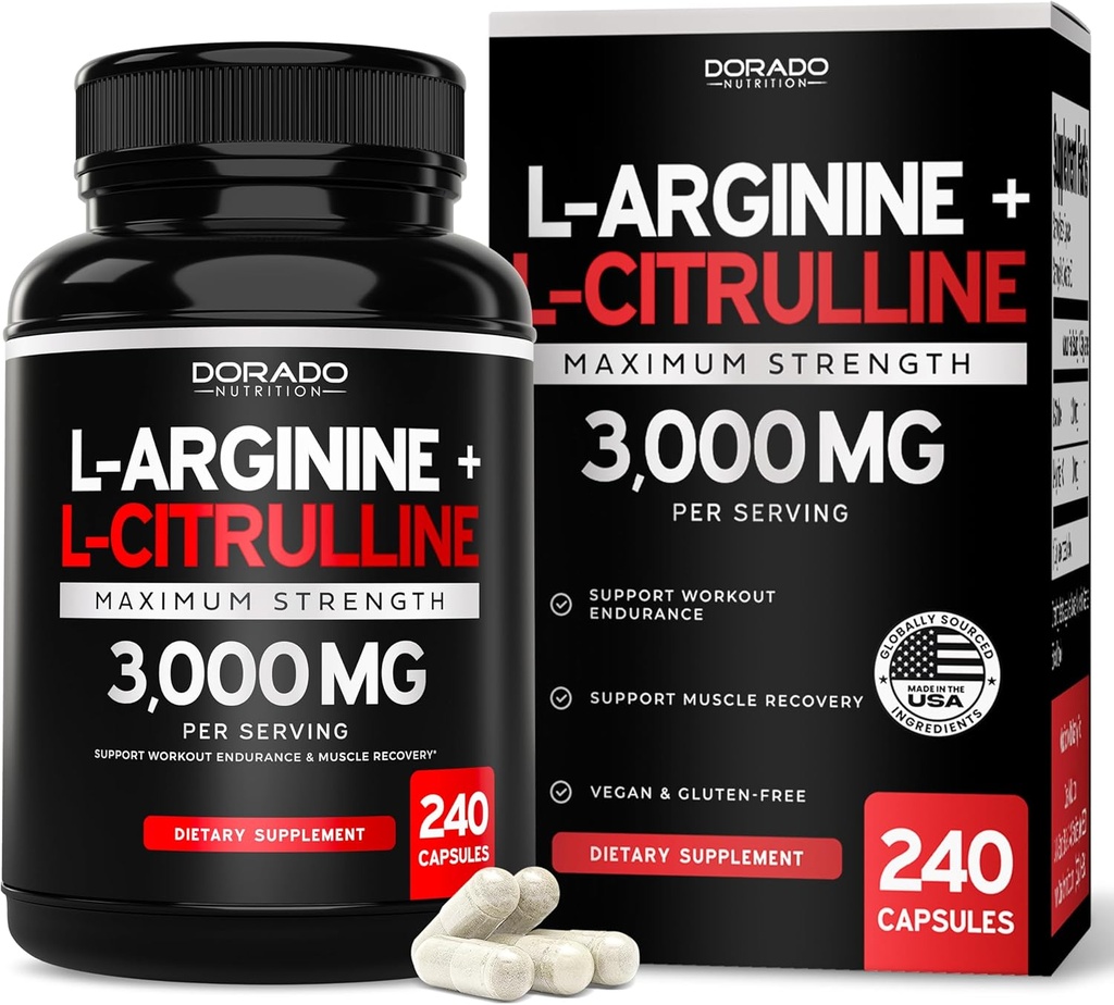 L Arginine L Citrulline Supplement 3000mg (240 Capsules) Nitric Oxide Pills for Men - Stamina, Endurance, Performance for Workouts - NO Supplements for Men - Gluten Free, Non-GMO, Vegan Capsules