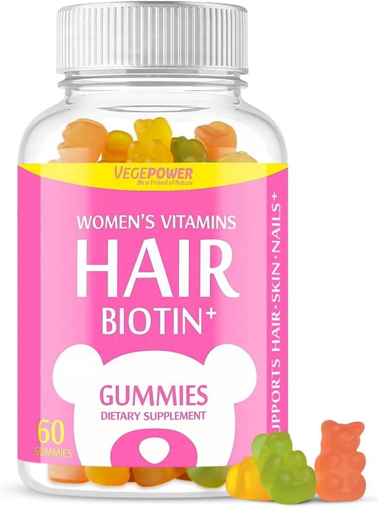Biotine Cheveux Gommies Vitamines 10000mcg - Supplément Biotine pour les cheveux et ongles sains, plus forts, beaux, non-OGM, Gommies Cheveux Vegan à croquer pour les femmes et les hommes - 60 Gommy