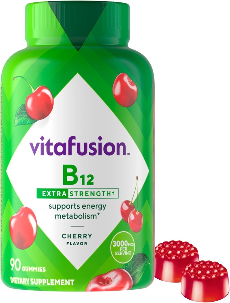 vitafusion Vitamine B12 de force extra, soutient le métabolisme de l'énergie et le système nerveux soutien de la santé, supplément de vitamine Gummy pour les femmes et les hommes, saveur cerise, 45 jours d'approvisionnement, 90 comte