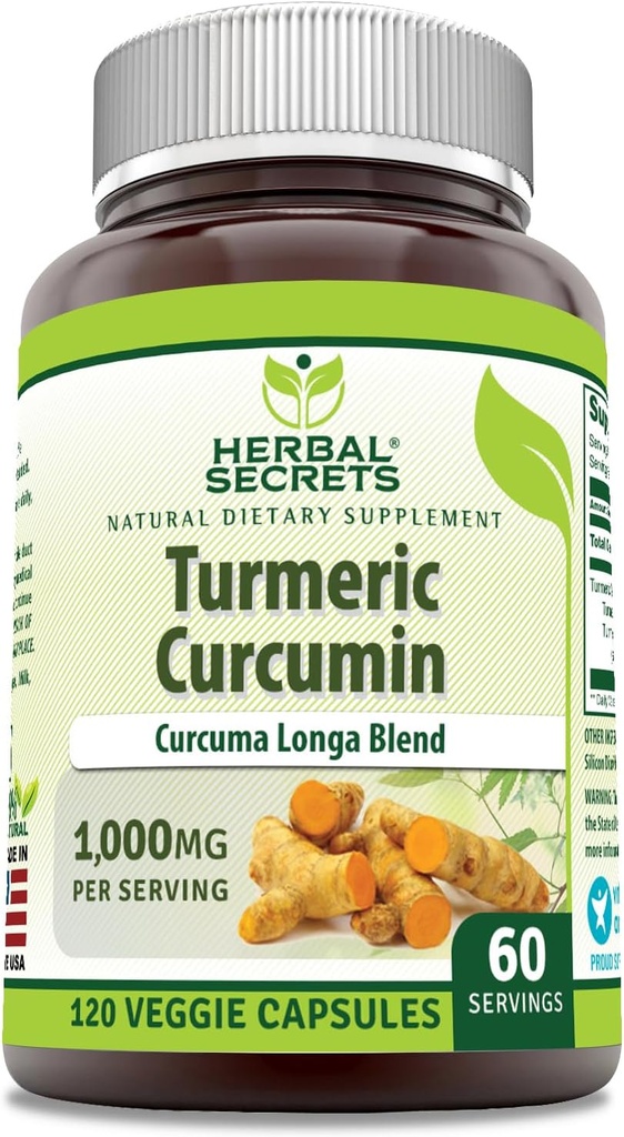 Secrets à base de plantes Curcumine curcumine supplément de 1000 Mg par service de 120 capsules de légumes Mélange de poudre de curcuma et d'extrait de curcuma non-OGM