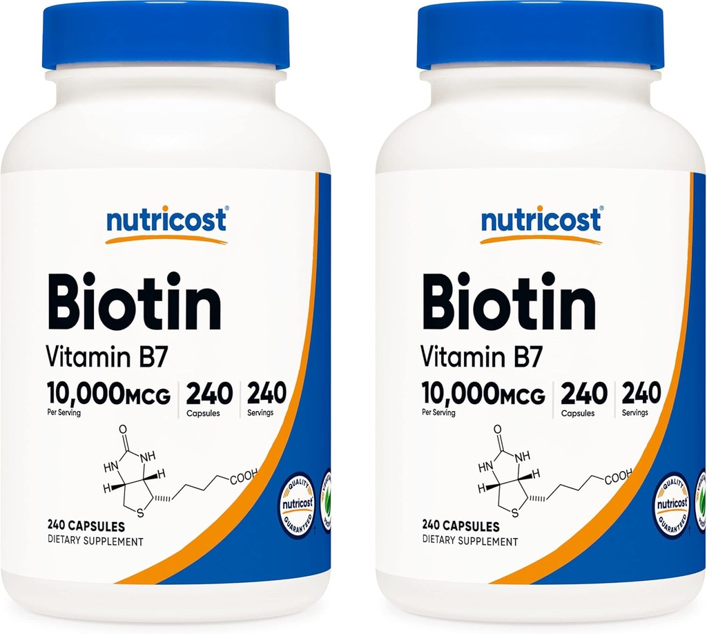 Nutricost Biotine (Vitamine B7) 10 000mg (10mg), 240 capsules (2 bouteilles) - Non-OGM, sans gluten