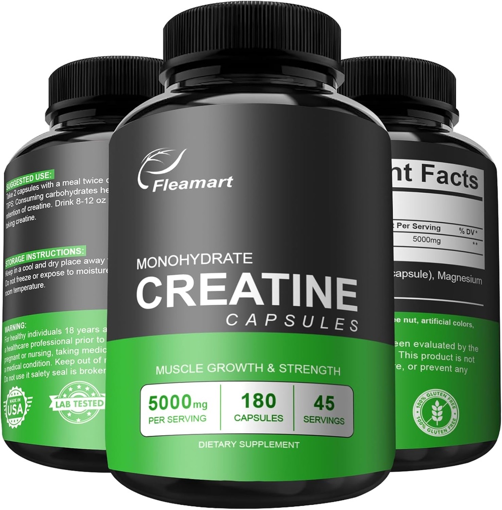 Micronized Creatine Monohydrate Capsules, Keto Friendly, 5000mg, 180 Capsules, Creatine Monohydrate Pills Third Party Tested, Manufactured in The USA, Non-GMO, Gluten Free, Vegan Safe
