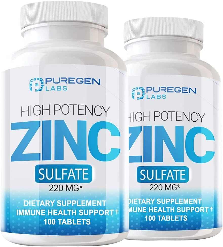 Puregen Labs Sulfate de zinc 220 mg Comprimés de complément alimentaire - 100 Compte (paquet de 2)