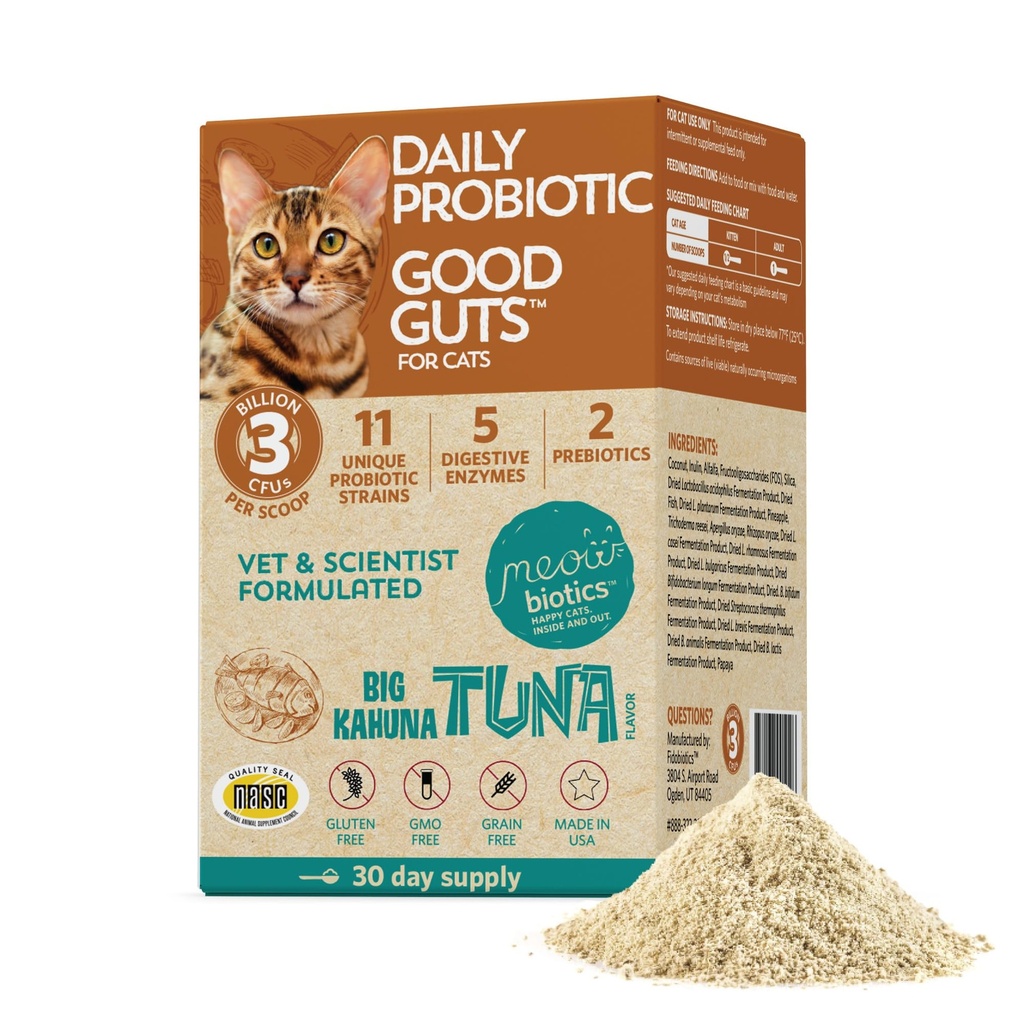 Meowbiotics Bonnes guttes pour chats poudre probiotique, 11 souches probiotiques, 2 prébiotiques, 5 enzymes digestives pour le soutien digestif, thon, probiotiques pour chats, intérieur et extérieur (30 jours)