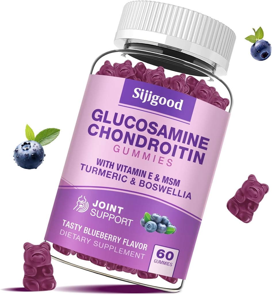 Glucosamine Chondritine Gommies, Extra Strength Glucosamine Chondritine MSM avec Elderberry & Turmeric, Santé articulaire, Souplesse, Antioxydant, Immune pour les adultes - 60 Gummées aromatisées aux bleuets