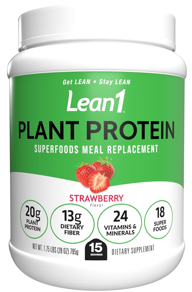 Lean1 Plant Based Protein Powder, Meal Replacement, strawberry flavor, 15 serving