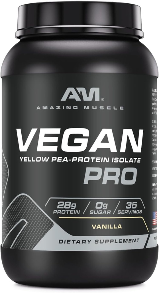 Amazing Muscle Vegan Protein Powder | 28 Grams Protein | 34 Servings | Zero Sugar | Yellow Pea Protein Isolate Supplement | Made in USA (3 Lb, Vanilla)