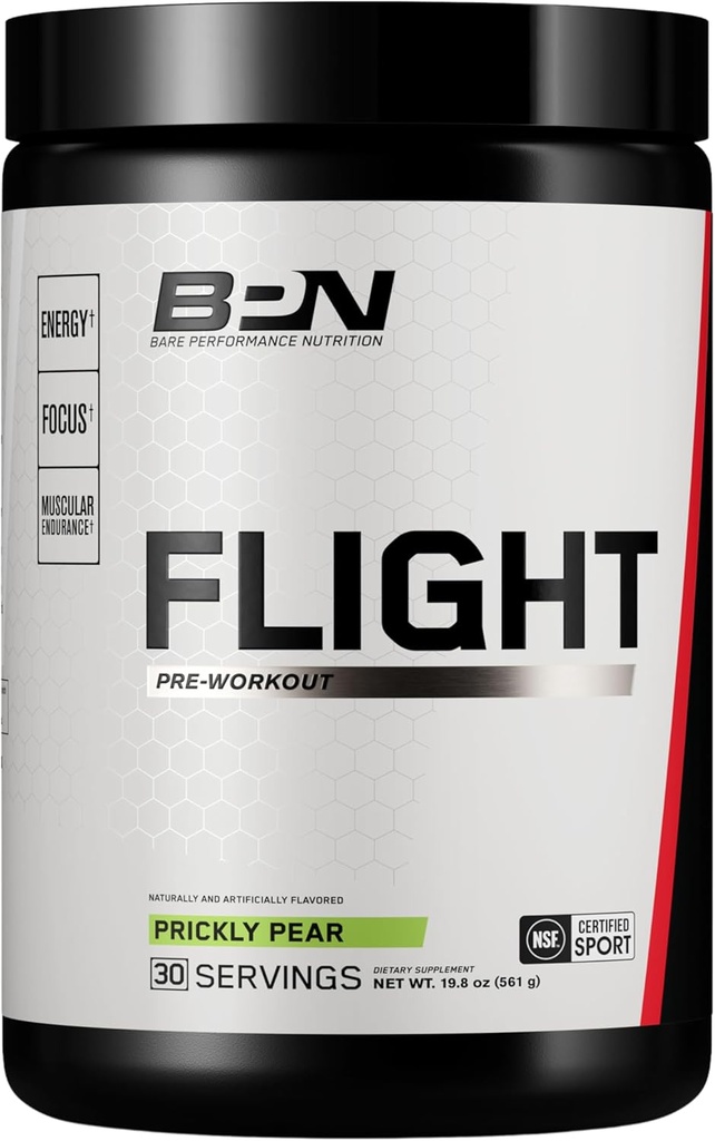 BARE PERFORMANCE NUTRIITION BPN Flight Pre Workout, soutient l'énergie et la concentration mentale, l'endurance améliorée et les pompes musculaires avec CarnoSyn® Beta Alanine, Prickly Pear, 30 services