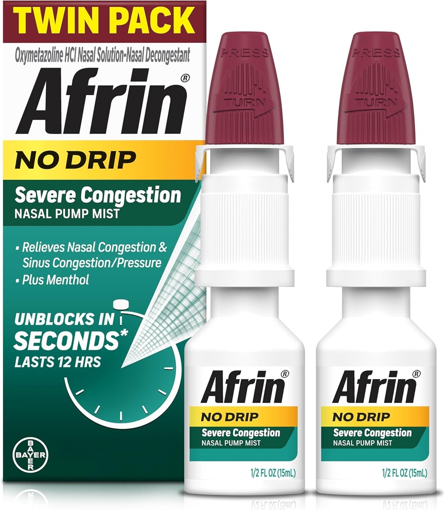Afrin No Drip Congestion sévère Mist de nasal Twin Pack, non somnolent, cognac à action rapide pour la congestion nasale et le soulagement de la pression sinusale, adultes et enfants 6 et plus, .5 fl oz (paquet de 2)