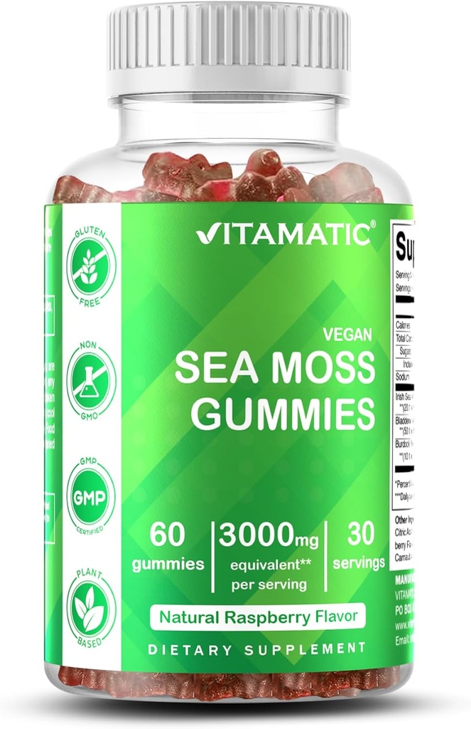 Vitamatic Irish Sea Moss Gummies – 3000mg Équivalent par service (à partir de l'extrait 132,5mg) – 60 Ct Fabriqué avec Bladderwrack & Burdock Root – Supplément Seamoss pour le support thyroïde, énergétique et immunitaire