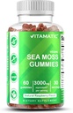 Vitamatic Irish Sea Moss Gummies – 3000mg Équivalent par service (à partir de l'extrait 132,5mg) – 60 Ct Fabriqué avec Bladderwrack & Burdock Root – Supplément Seamoss pour le support thyroïde, énergétique et immunitaire