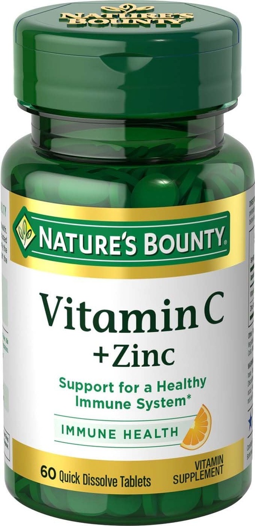 Nature's Bounty Vitamine C + Zinc, supplément de vitamine, soutient la santé immunitaire, 60 mg, 60 comprimés