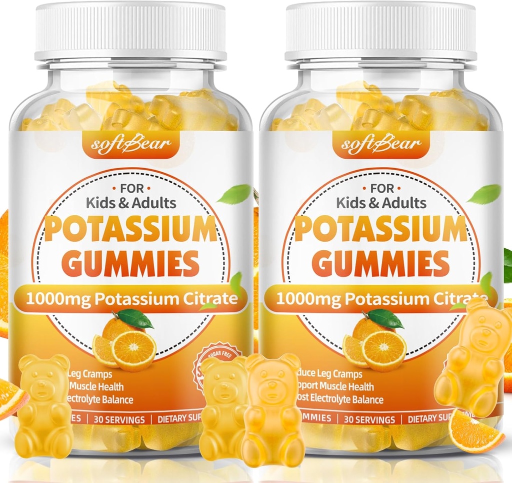 softbear Citrate de potassium 1000mg, Gommies de potassium sans sucre pour adultes Support Crampes de jambe et santé musculaire Supplément de potassium haute puissance Gommies Orange Flavor 120 Comte