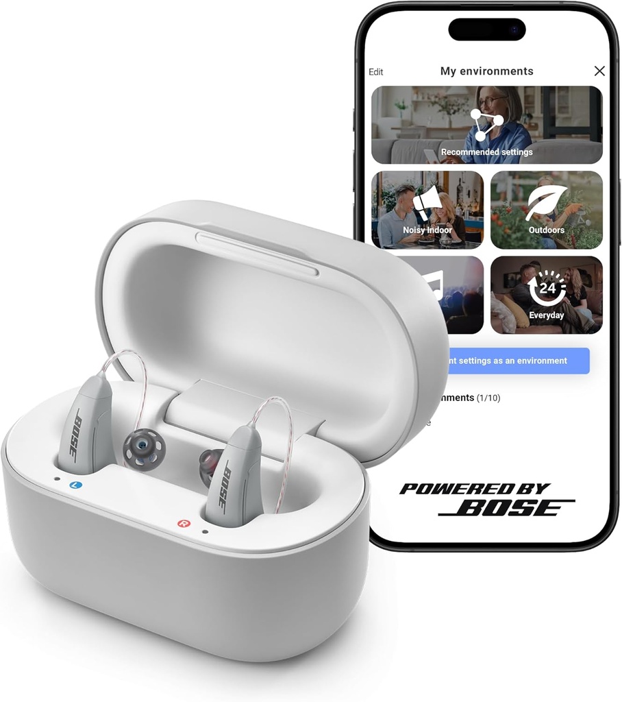 Lexie B2 OTC Hearing Aids Powered by Bose - Bluetooth Call Enabled for iOS, Rechargeable with App Control, all day Comfort. Self-Fit Solution, Noise Reduction, for Mild to Moderate Hearing Loss (Gray)