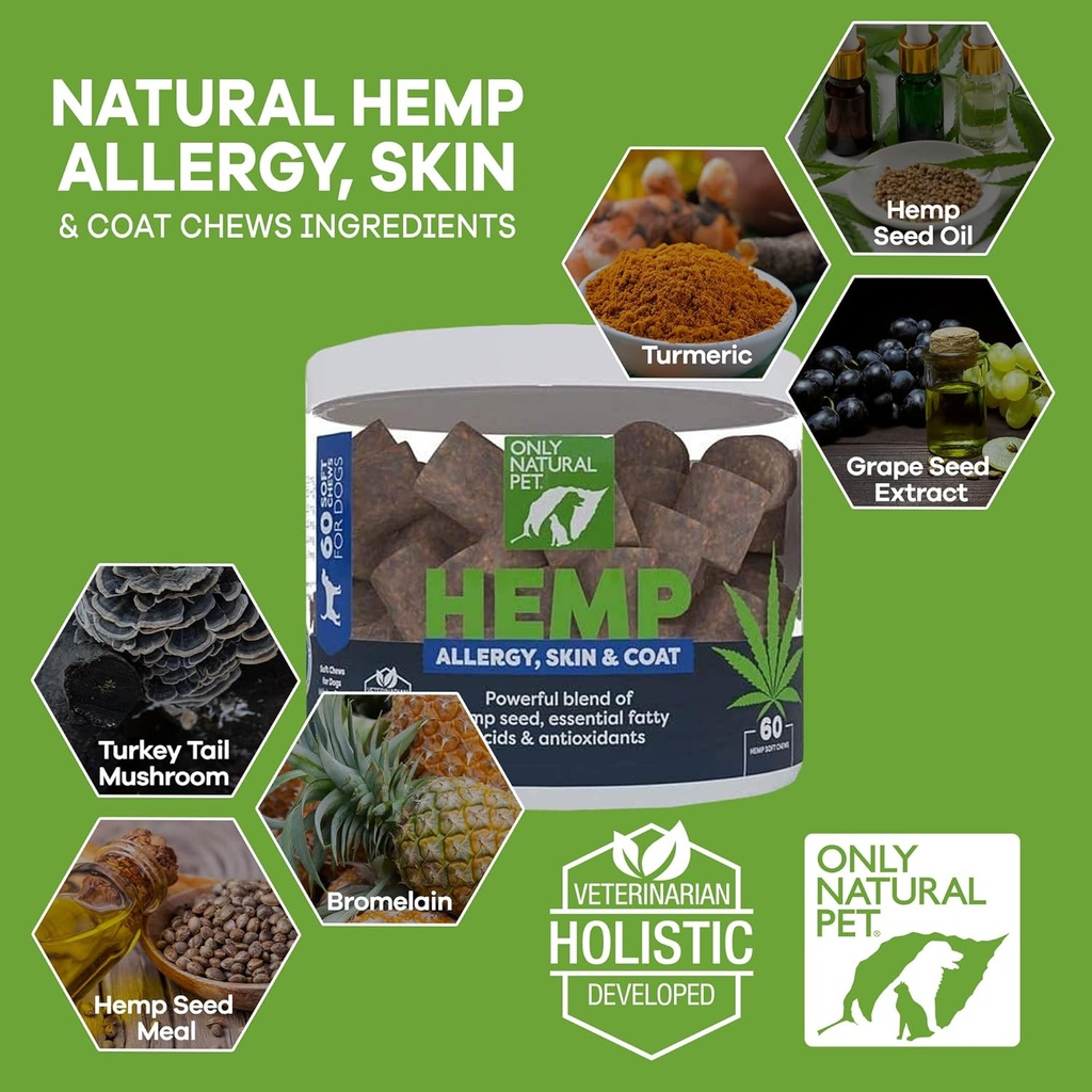 Uniquement anti-allergie naturelle, peau et chanvre - Bites immunitaires allergiques pour chiens, supplément Omega 3, traitements calmants pour soulager la peau, tache chaude - (60 comte) (AL.)