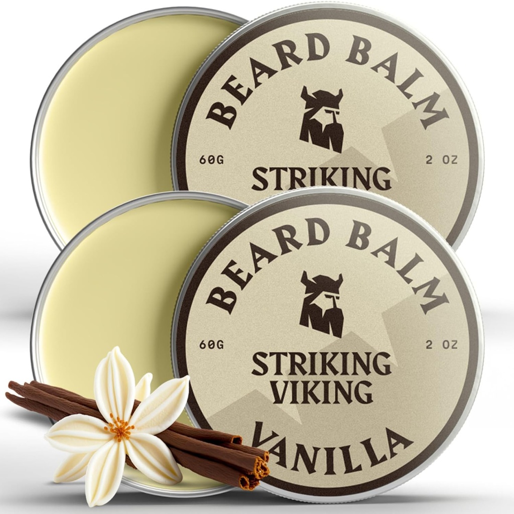 Baume à barbe viking pour les hommes - Laisser en conditionneur de barbe - Baume à barbe façonné avec des huiles de beurre, d'argan et de jojoba naturellement dérivés (2 once (paquet de 2), Vanilla 2 Pack)