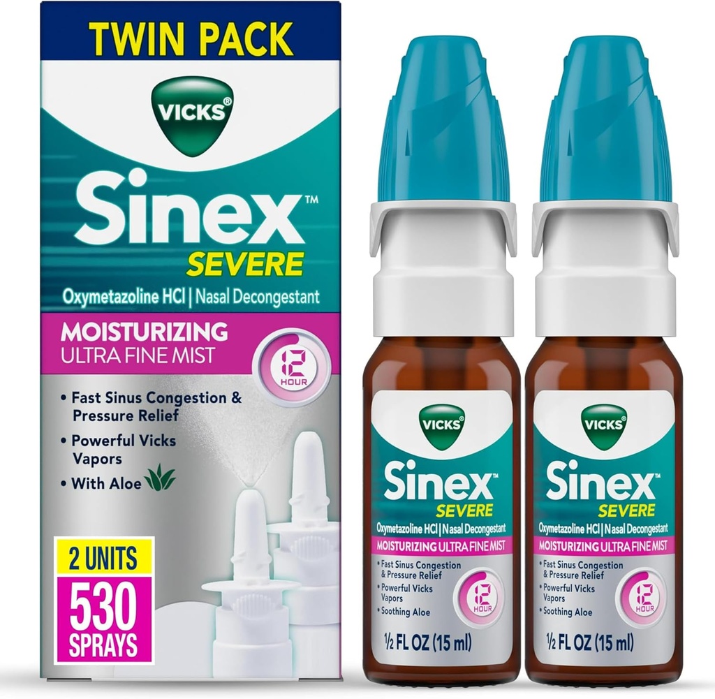 Vicks Sinex Spray nasal sévère, Hydratant Ultra Fine Mist avec Aloe, Médecine Dognéstante, Soulagement du Nez Stuffy dû au froid ou à l'allergie, Congestion nasale et soulagement de la pression sinusale, 265 Sprays x 2