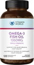 Vitamine World Triple Strength Omega 3 Huile de poisson 1360 mg Supplément, 950 mg Omega-3 Acides gras actifs avec EPA et DHA, soutient la santé cardiaque, cérébrale et articulaire, sans gluten, 120 Softgels, 4 mois d'approvisionnement