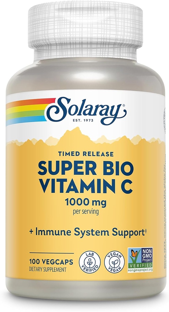 SOLARAY Super Bio Bouffé Vitamine C 1000mg, à deux niveaux, libération chronométrée Vitamine C avec bioflavonoïdes, supplément de soutien immunitaire - haute absorption, végétalien, garantie de 60 jours, 50 portions, 100 VegCaps