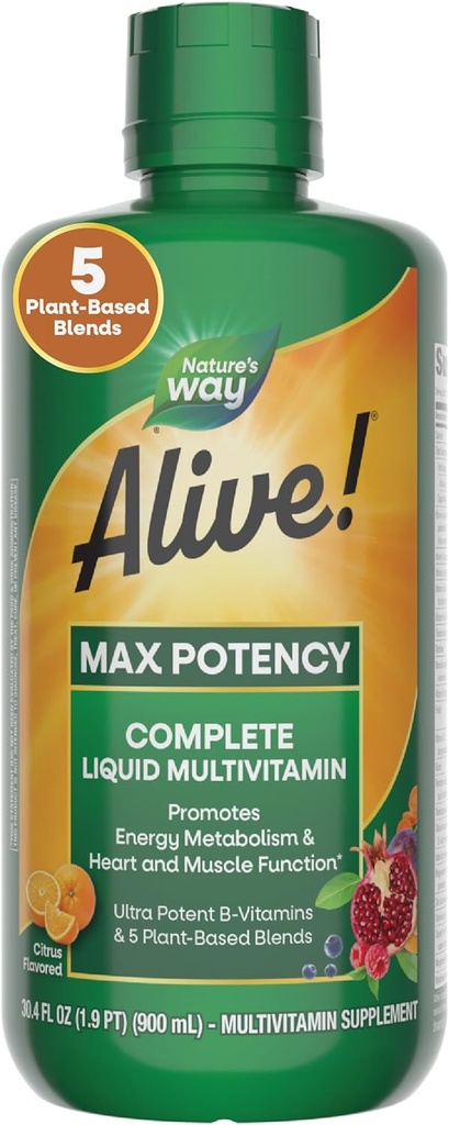 La nature est vivante ! Maximum de puissance Multivitamine liquide complète pour les femmes et les hommes avec bêta-carotène antioxydant, vitamines C & E et mélanges à base d'aliments, agrumes aromatisés, 30,4 Fl Oz