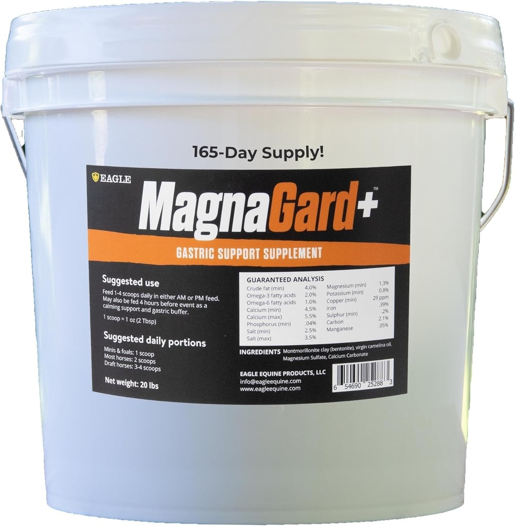 Plus- Gastric Support Supplement for Horses with Omega 3s | Relieves Ulcers, Calming Supplement, Magnesium & Other Vital Minerals | Powder, 20lb Bucket, 5-Month Supply | by Eagle Equine