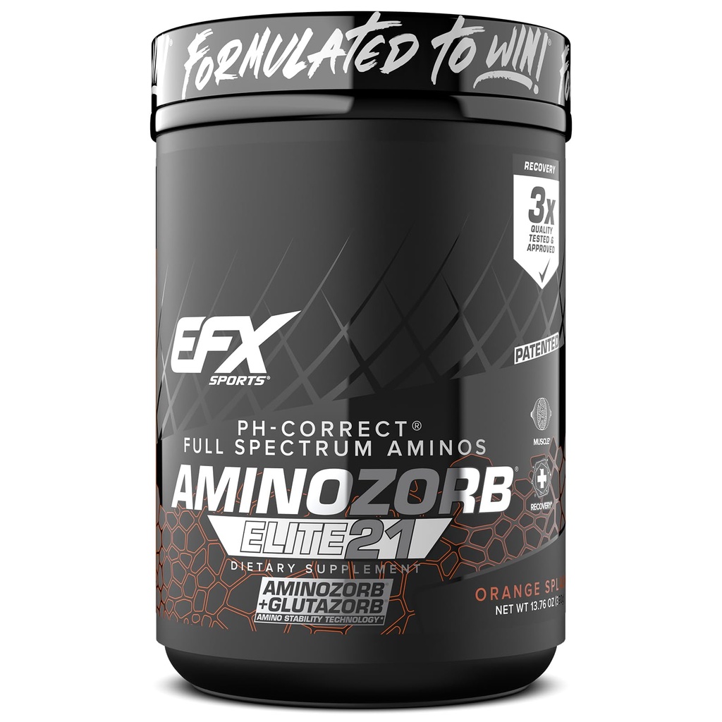 EFX Sports Aminozorb Elite 21:00 PH-Correct, Full Spectrum Aminos + Glutamine.00 Aminos essentiels et non essentiels.00 Zéro sucres 30 portions (Orange Splash)