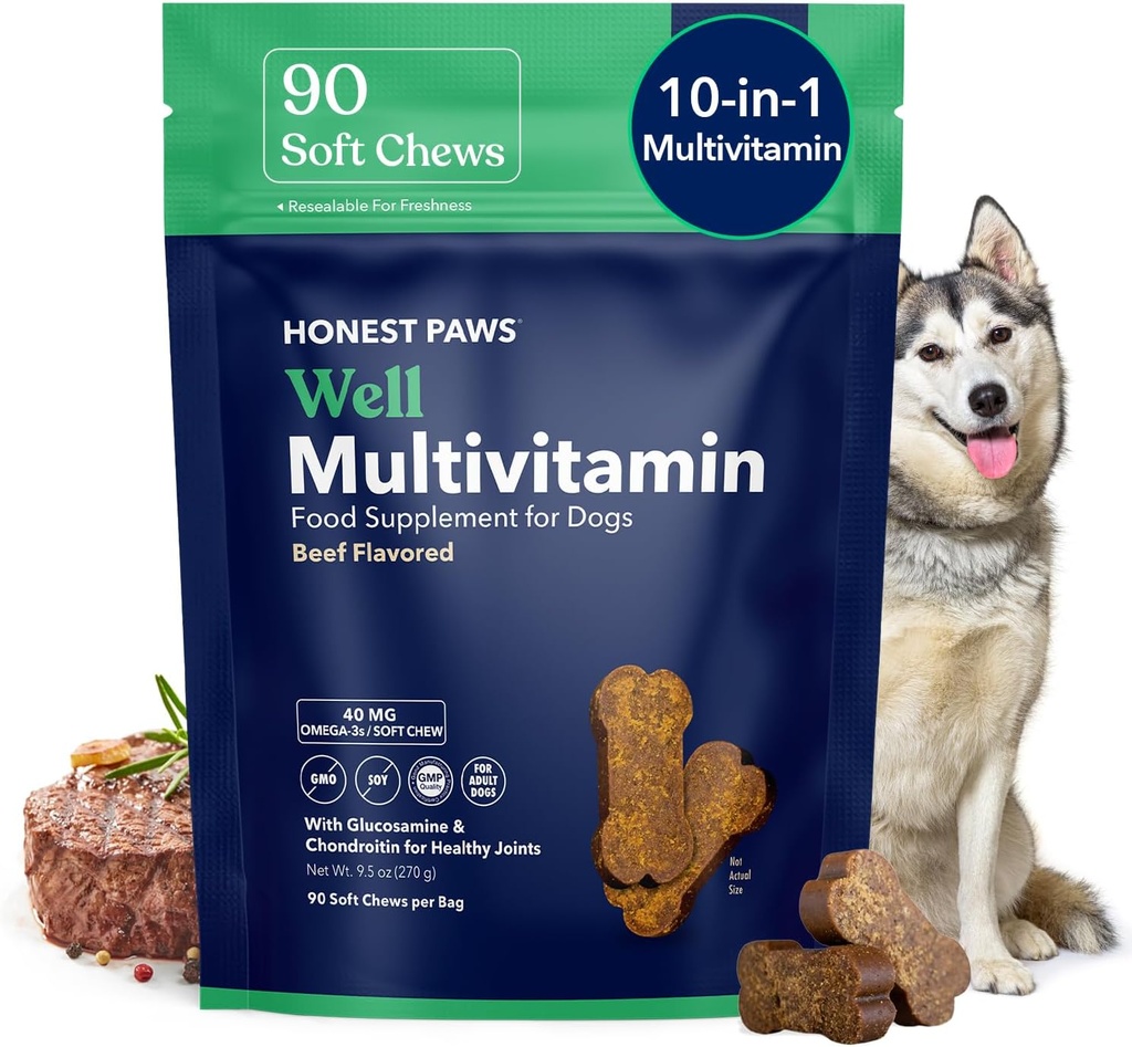 Porcs honnêtes (90 comtes) Chien multivitamines molles avec 10 vitamines essentielles - Joint, manteau, immunitaire, soutien des yeux et du cœur - avec la glucosamine, la chondritine et l'oméga-3 - Saveur de boeuf