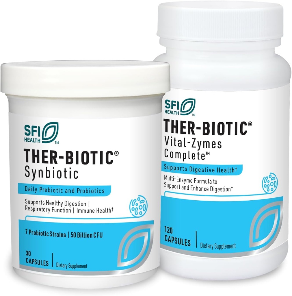 Klaire Labs Ther-Biotique Synbiotique Probiotique (30 capsules) + Vital-Zymes Enzymes Digestifs Bundle (120 Nombre) - Supplément probiotique faible FODMAP + Enzymes de soutien de digestion - 2 Ensemble de produits