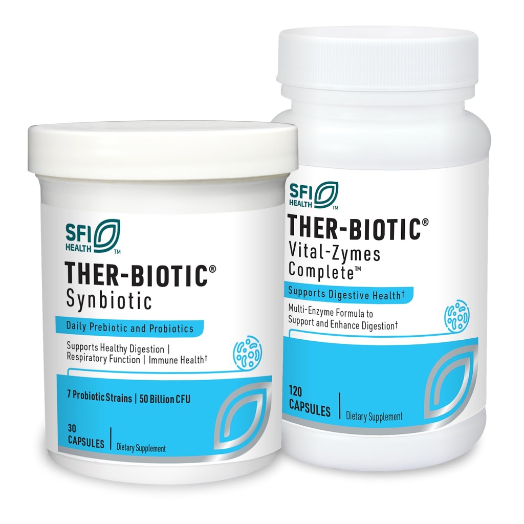 Klaire Labs Ther-Biotique Synbiotique Probiotique (30 capsules) + Vital-Zymes Enzymes Digestifs Bundle (120 Nombre) - Supplément probiotique faible FODMAP + Enzymes de soutien de digestion - 2 Ensemble de produits