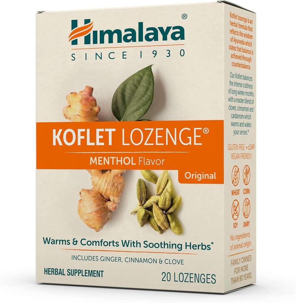 Himalaya Koflet Lozenges, Arôme menthol d'origine, Toux naturelle à base d'herbes pour un soulagement chaud et un confort apaisant de la gorge, 130 mg, 20 Lozenges