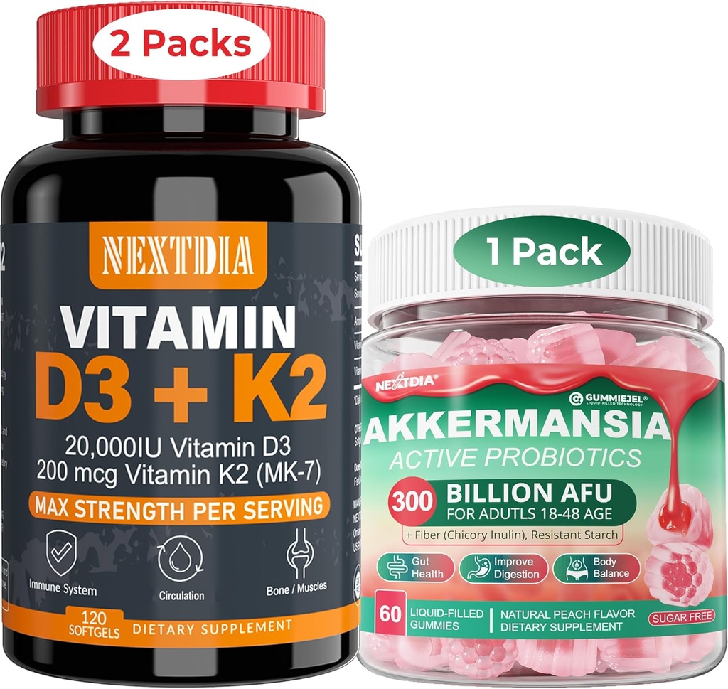 Vitamine D3 20 000 UI + K2(MK7) 200 mcg Softgels + Akkermansia Probiotiques Gommies avec prébiotiques Fibre