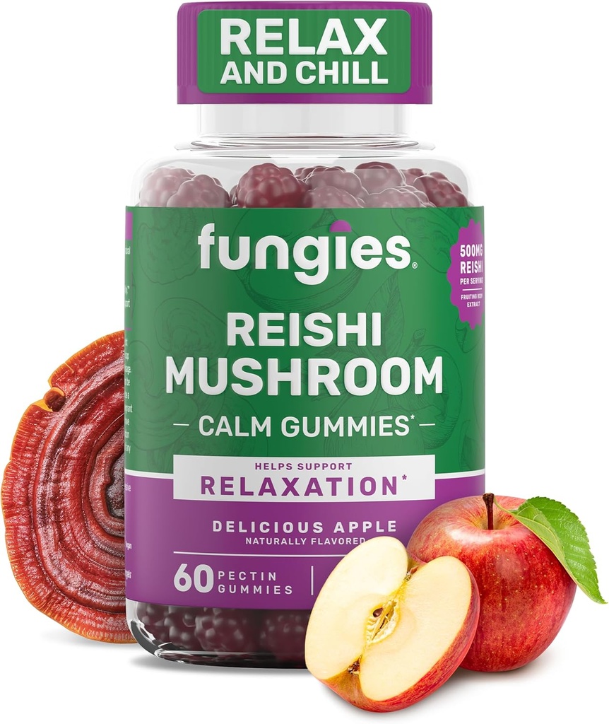 Fungies Gummies de champignons Reishi, Delicious Apple Flavor - Supplément de champignons à base de plantes Gummy pour adultes soutient la santé immunitaire, la relaxation et le vieillissement en santé - Gummies calmantes pour dormir - 60 portions
