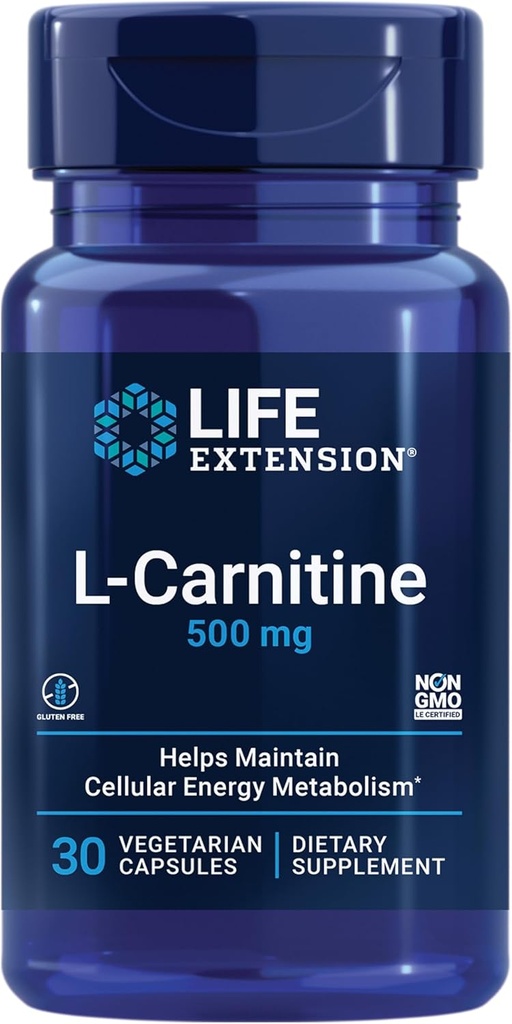 Prolongation de la durée de vie L-Carnitine – 500 mg, supplément d'énergie, supplément de mémoire – forme libre acide amino, soutien à l'oxyde nitrique, pression artérielle saine – sans gluten, sans OGM, végétarien – 30 capsules